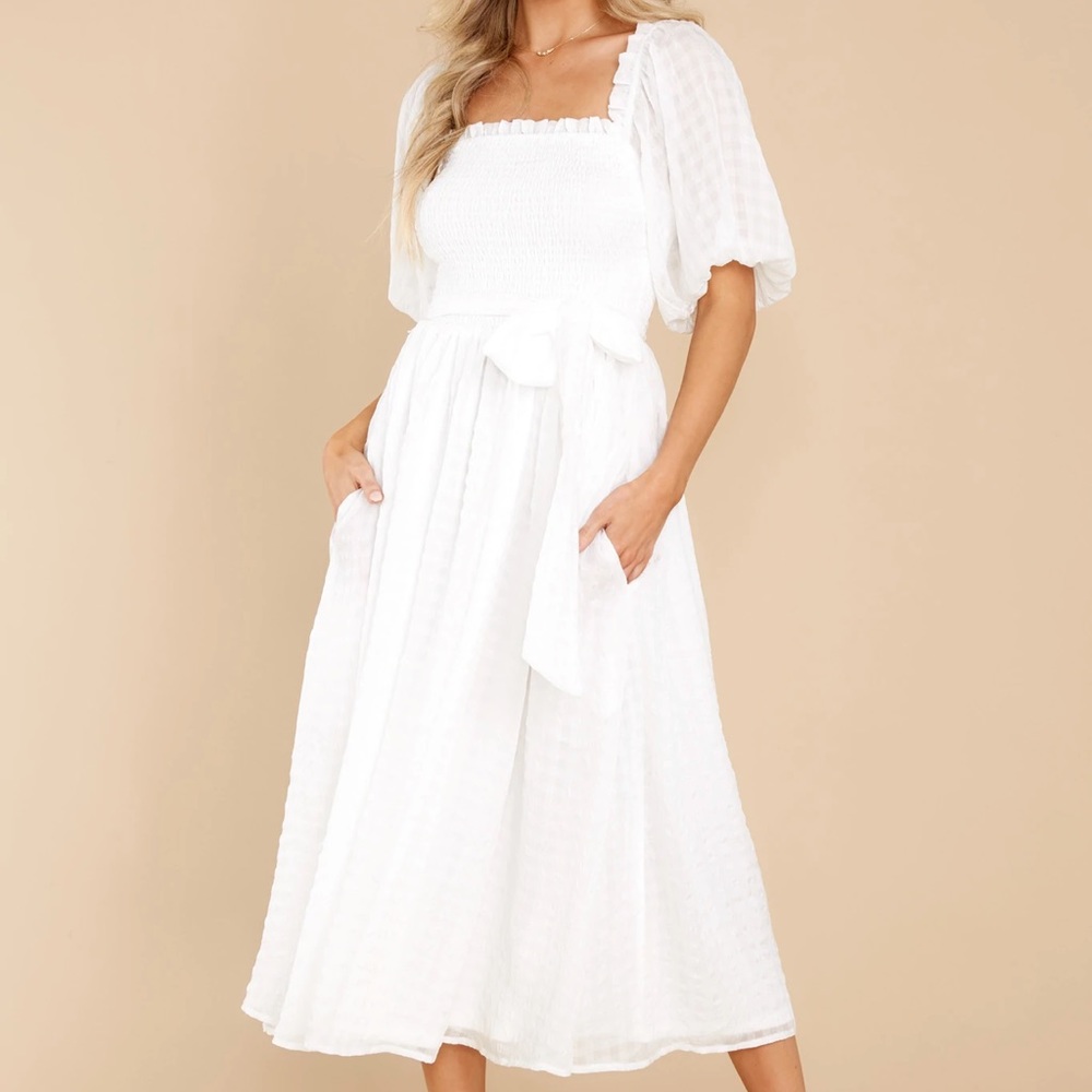 Red Dress Boutique White Midi Dress with Puff Sleeves